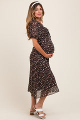 Black Floral Chiffon Sweetheart Puff Sleeve Maternity Midi Dress