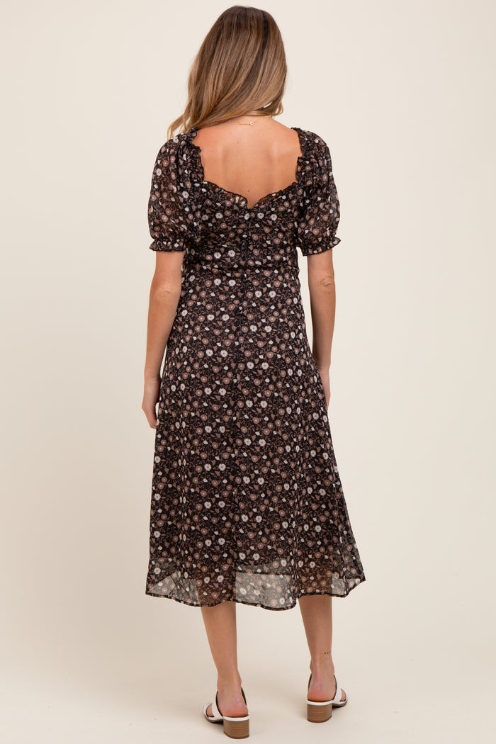Black Floral Chiffon Sweetheart Puff Sleeve Maternity Midi Dress