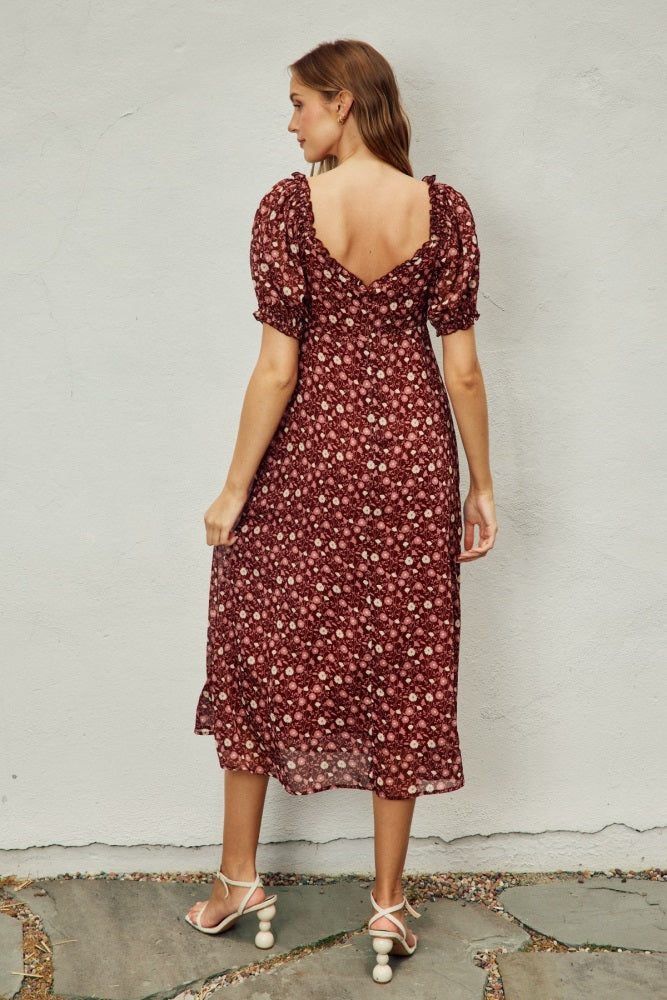 Burgundy Floral Chiffon Sweetheart Puff Sleeve Midi Dress
