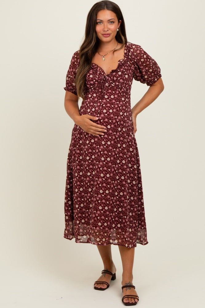 Burgundy Floral Chiffon Sweetheart Puff Sleeve Maternity Midi Dress
