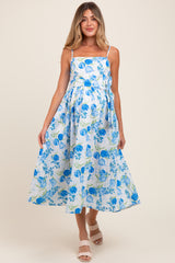 Blue Floral Sleeveless Sash Tie Maternity Midi Dress