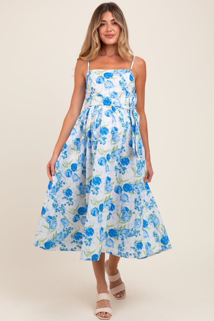 Blue Floral Sleeveless Sash Tie Maternity Midi Dress