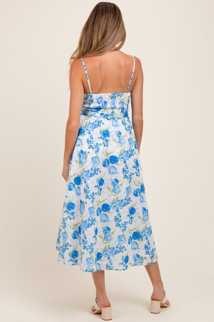 Blue Floral Sleeveless Sash Tie Maternity Midi Dress