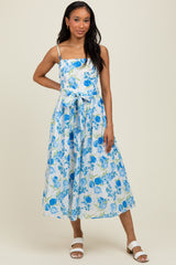 Blue Floral Sleeveless Sash Tie Midi Dress