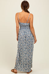 Blue Floral V-Neck Twist Front Keyhole Maxi Dress