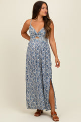 Blue Floral V-Neck Twist Front Keyhole Maternity Maxi Dress