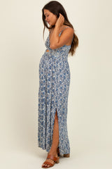 Blue Floral V-Neck Twist Front Keyhole Maternity Maxi Dress