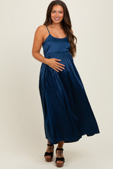 Navy Satin Sleeveless Tie-Back Maternity Midi Dress