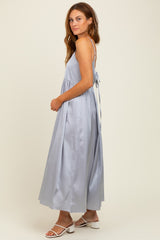 Light Grey Satin Sleeveless Tie-Back Midi Dress