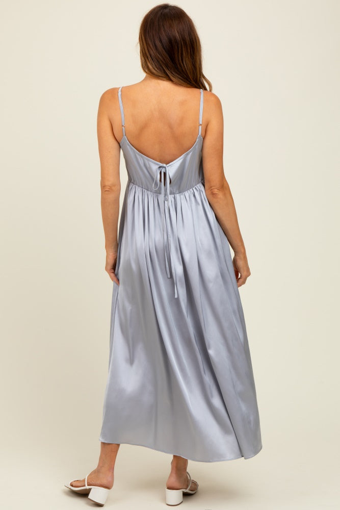 Light Grey Satin Sleeveless Tie-Back Midi Dress