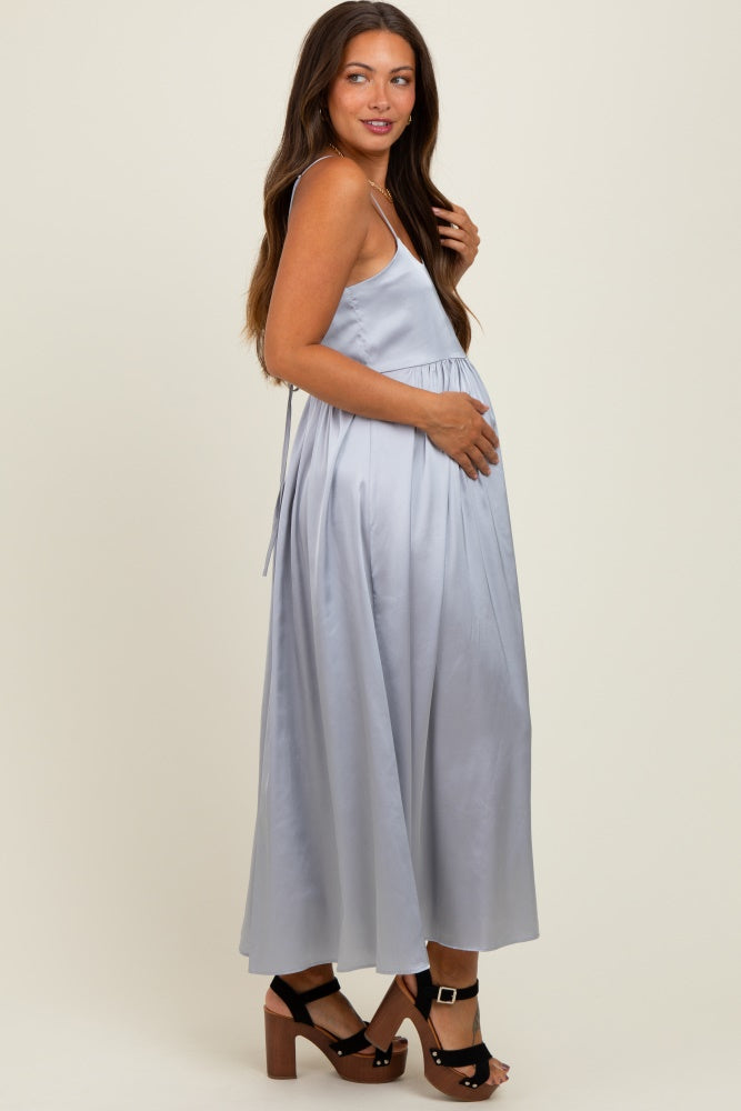Light Grey Satin Sleeveless Tie-Back Maternity Midi Dress