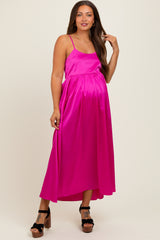 Fuchsia Satin Sleeveless Tie-Back Maternity Midi Dress