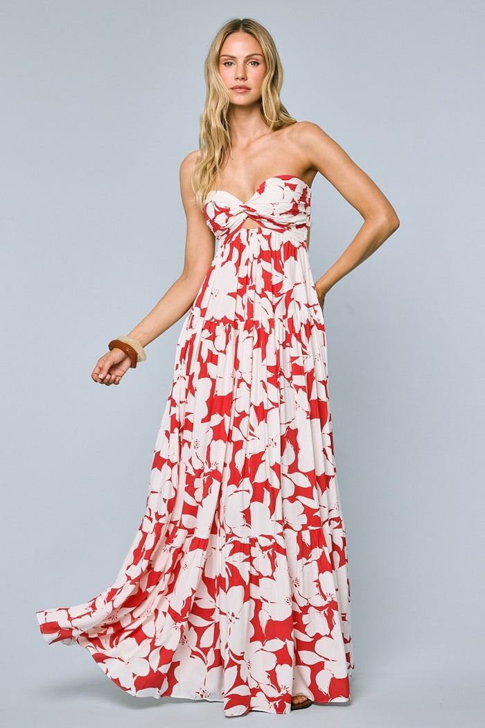 Red Floral Strapless Cutout Back Maxi Dress