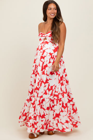 Red Floral Strapless Cutout Back Maternity Maxi Dress