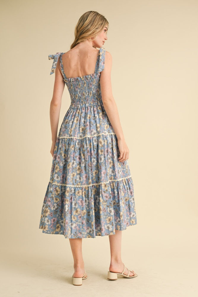 Denim Floral Smocked Ruffled Lace Trim Midi Dress