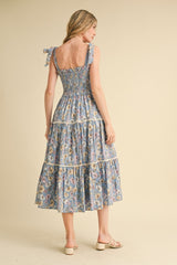 Denim Floral Smocked Ruffled Lace Trim Midi Dress