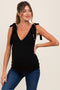 Black Solid Ribbed Sleeveless Tie V-Neck Maternity Top