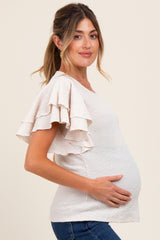 Beige Textured Ruffle Sleeve Maternity Top