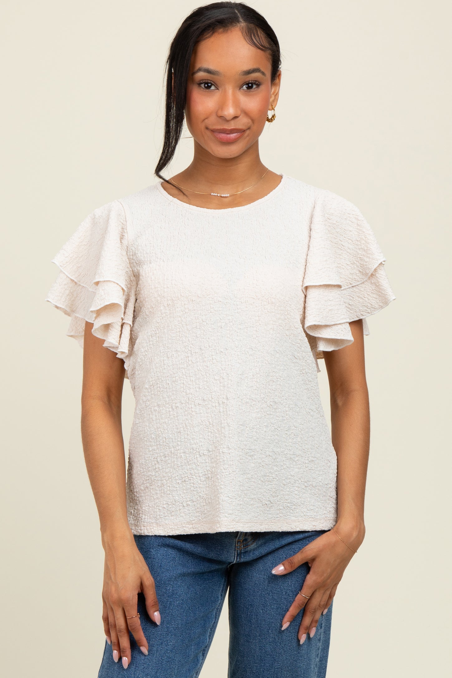 Beige Textured Ruffle Sleeve Maternity Top