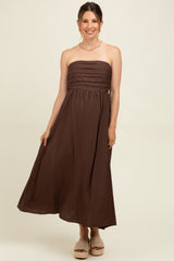 Brown Pleated Bodice Strapless Maternity Midi Dress