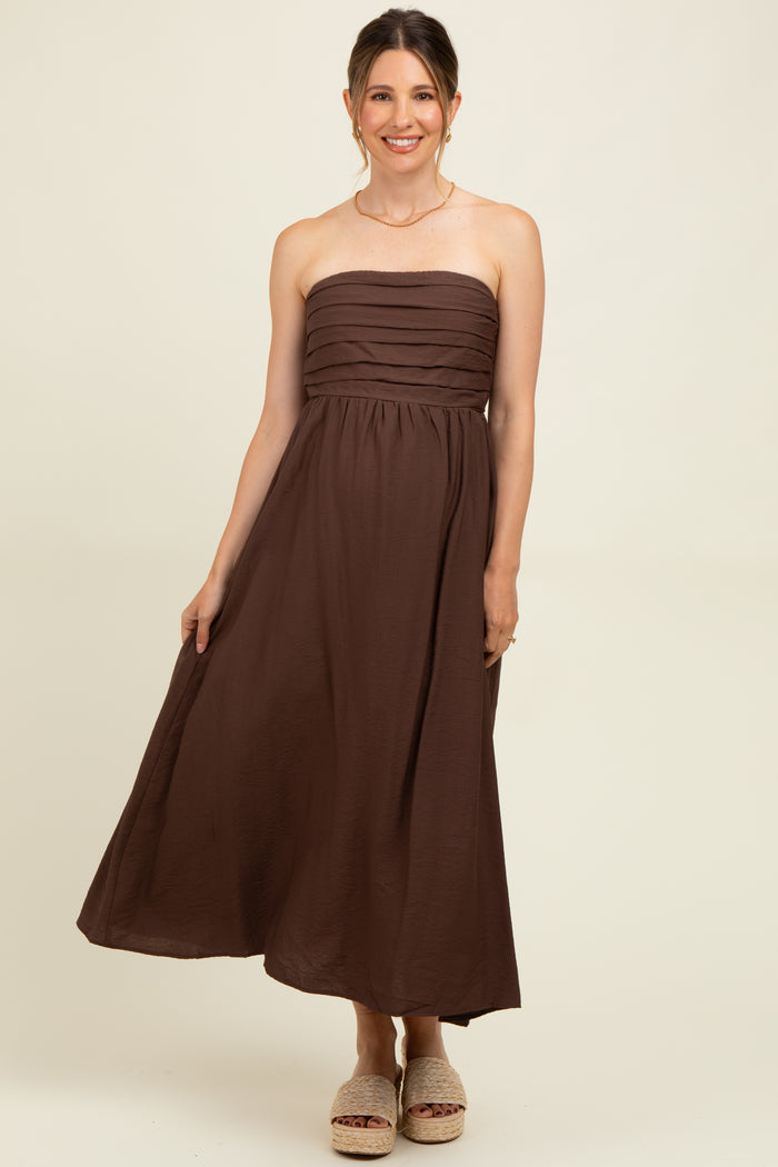 Brown Pleated Bodice Strapless Maternity Midi Dress