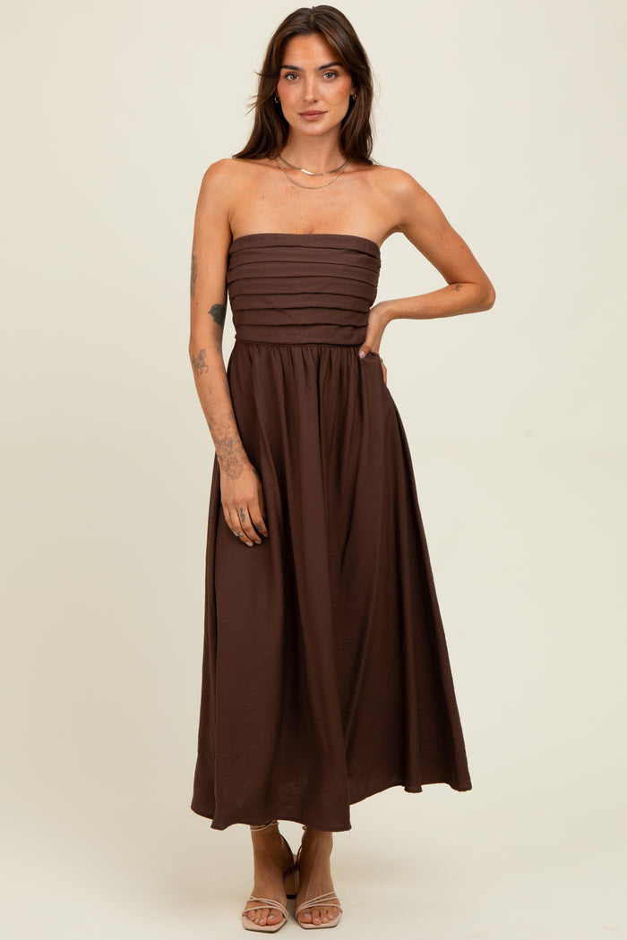 Brown Pleated Bodice Strapless Maternity Midi Dress
