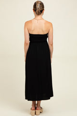 Black Pleated Bodice Strapless Maternity Midi Dress