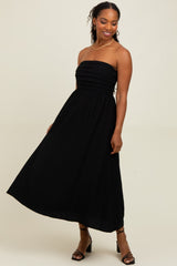Black Pleated Bodice Strapless Midi Dress
