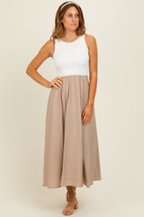 Beige Contrast Knit Top Sleeveless Midi Dress
