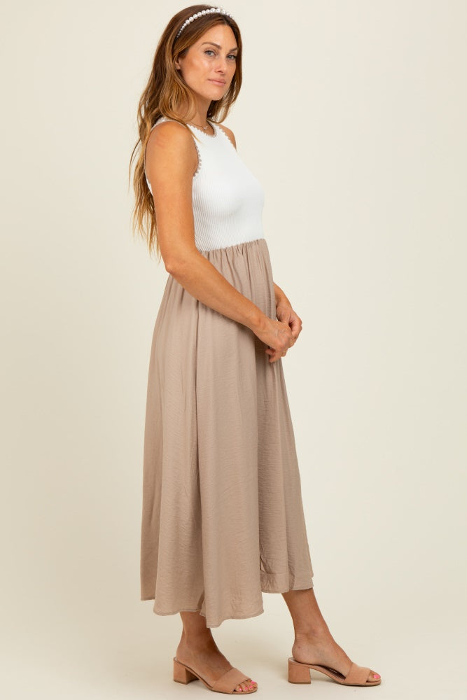 Beige Contrast Knit Top Sleeveless Midi Dress