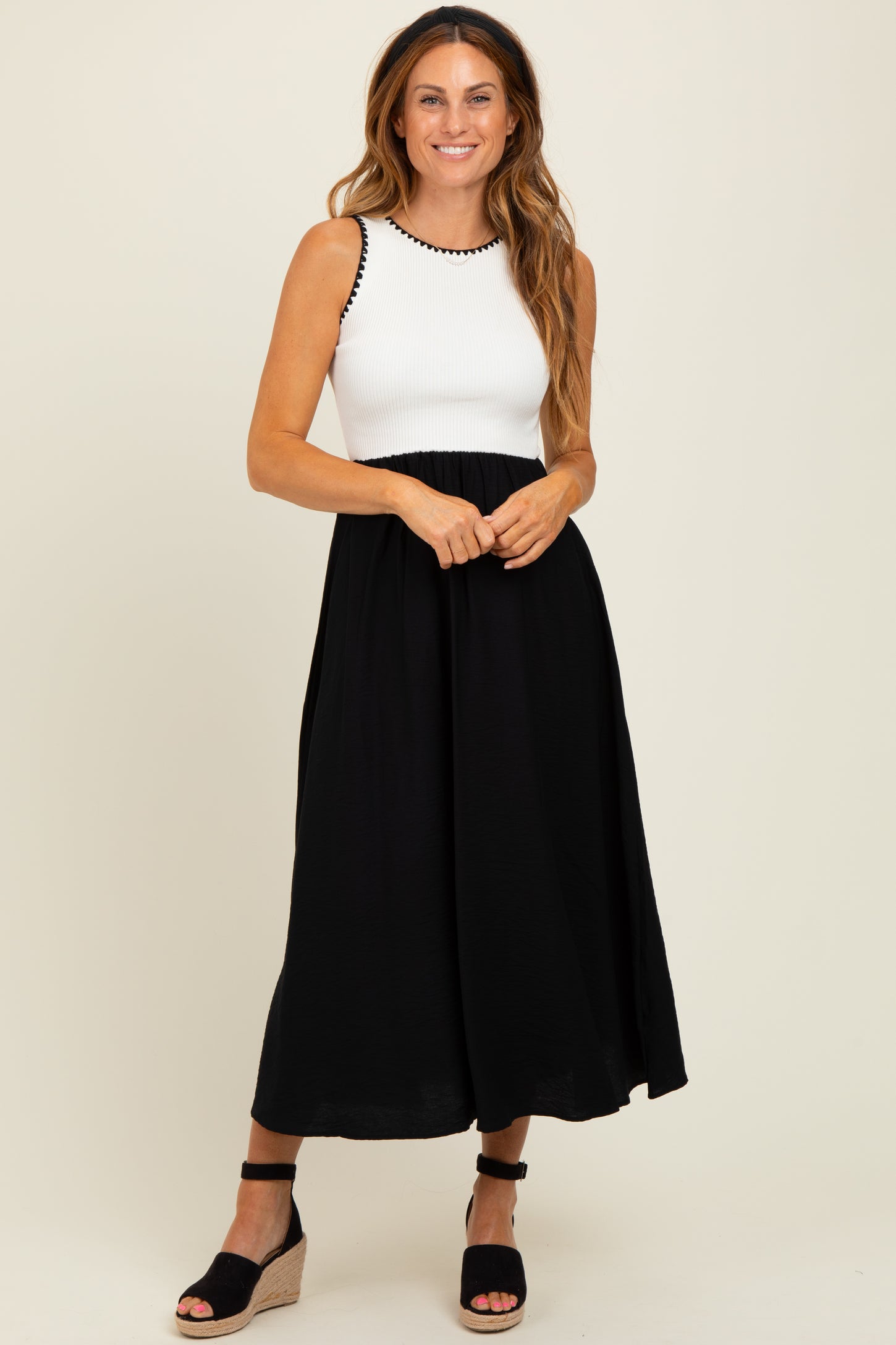 Black Contrast Knit Top Sleeveless Midi Dress