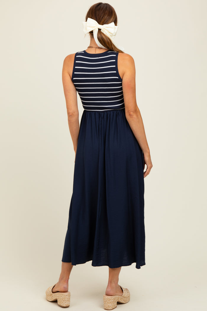 Navy Contrast Striped Knit Sleeveless Midi Dress