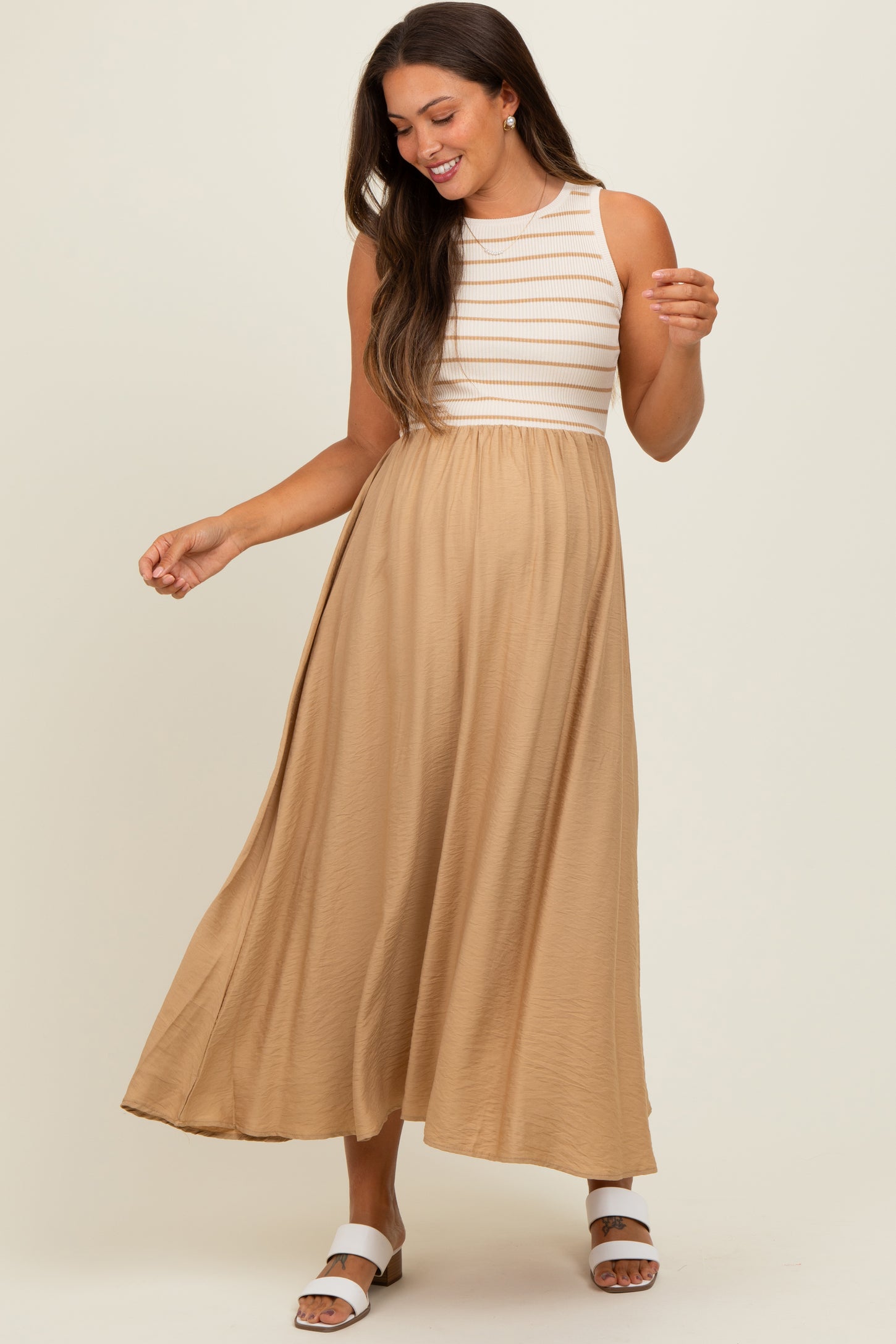 Camel Contrast Striped Knit Sleeveless Maternity Midi Dress