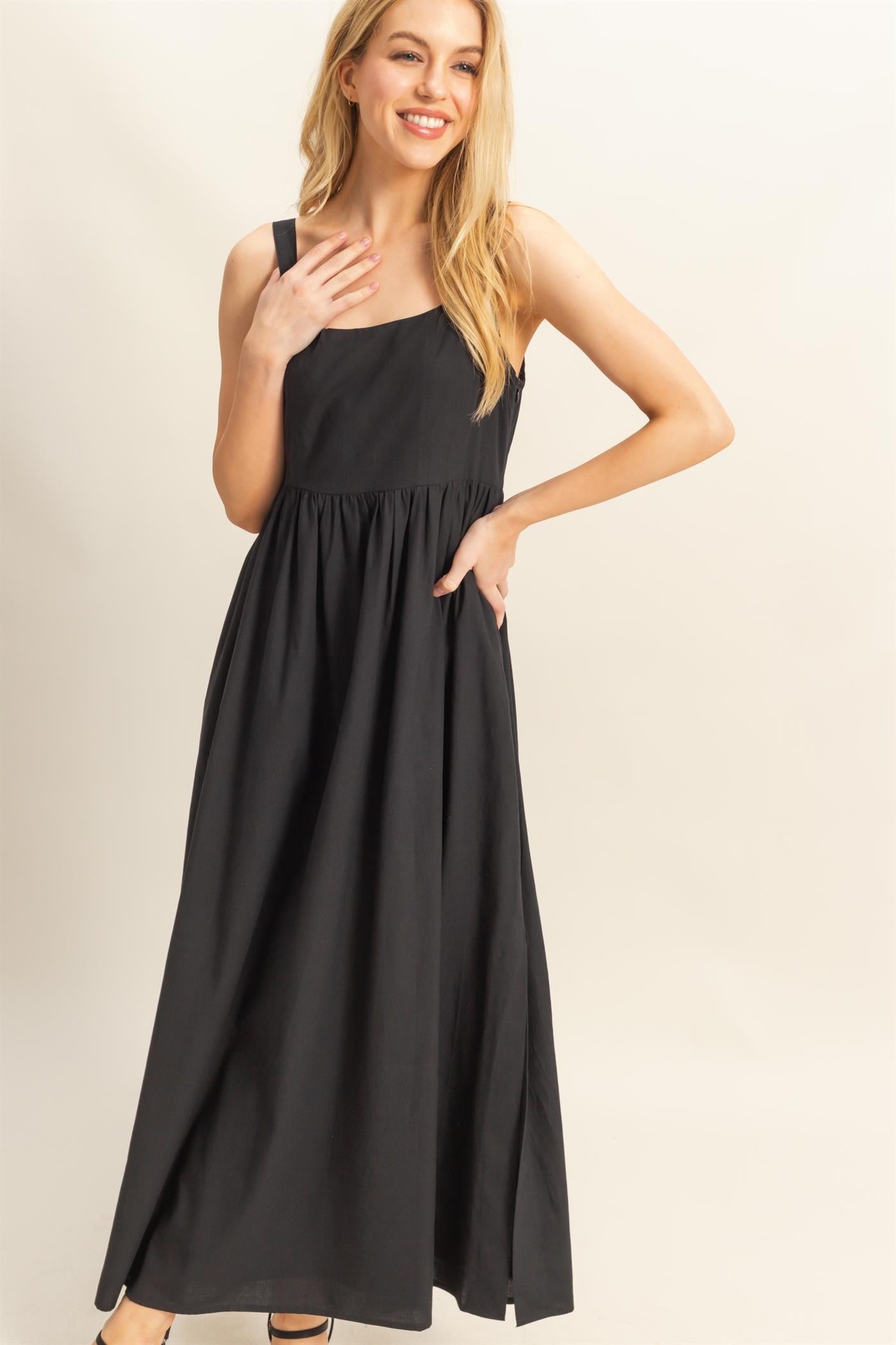 Black Square Neck Fit And Flare Midi Dress