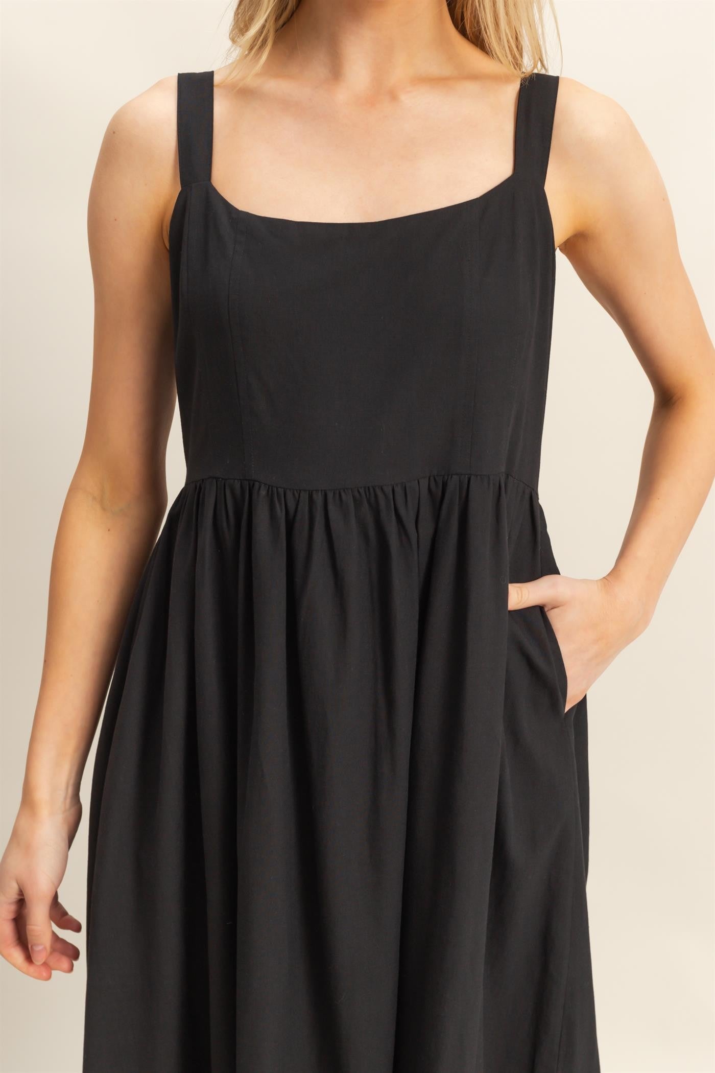 Black Square Neck Fit And Flare Midi Dress