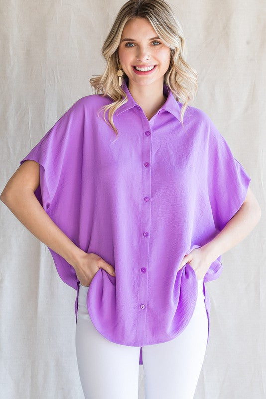 Lavender Solid Collared Button-Up Top