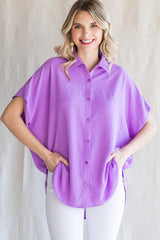 Lavender Solid Collared Button-Up Top