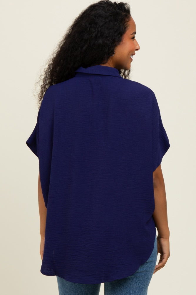 Navy Solid Collared Button-Up Top