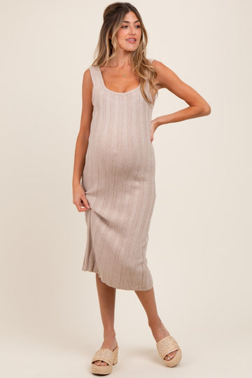 Beige Wide Ribbed Sweater Knit Maternity Midi Dress