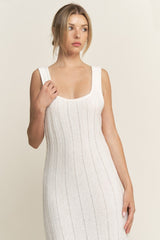 Ivory Wide Ribbed Sweater Knit Midi Dress