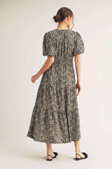 Brown Animal Print Tiered Midi Dress