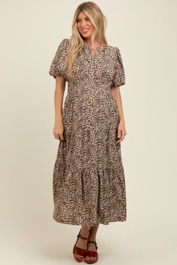 Brown Animal Print Tiered Maternity Midi Dress