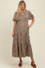 Brown Animal Print Tiered Maternity Midi Dress