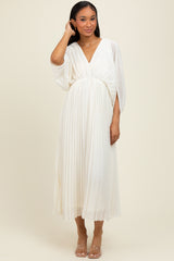 Cream Pleated V Neck Maxi Dress