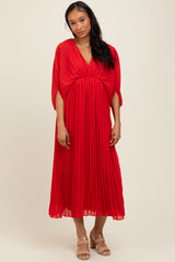 Red Pleated V Neck Maxi Dress
