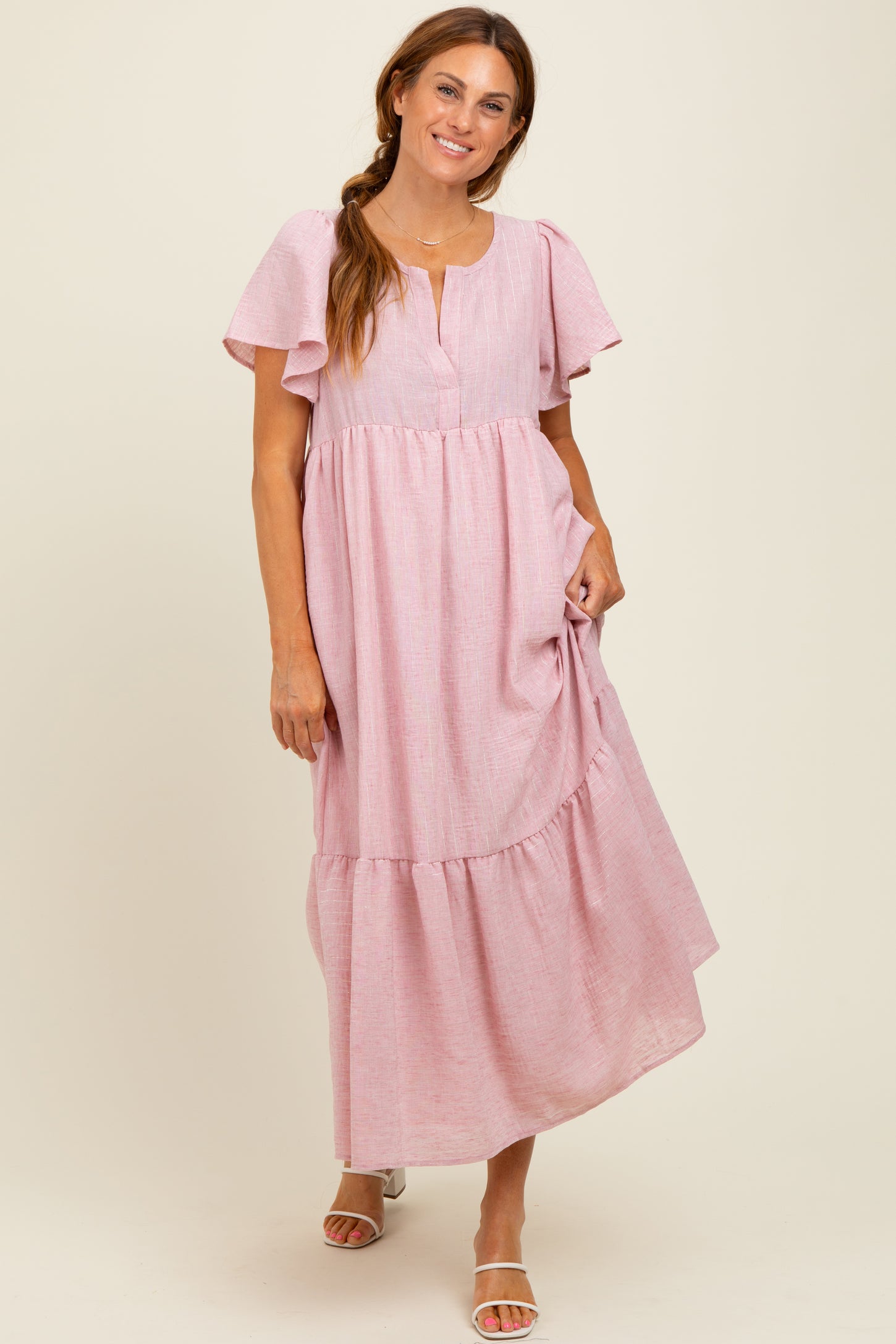 Pink/Silver Striped Short Sleeve V-Neck Tiered Maternity Midi Dress