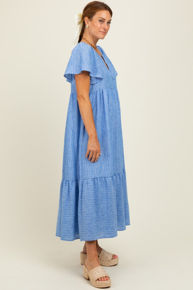 Blue/Silver Striped Short Sleeve V-Neck Tiered Midi Dress