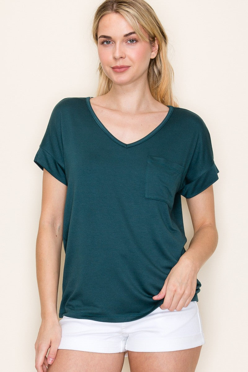 Forest Green V-Neck Front Pocket Short Sleeve T-Shirt