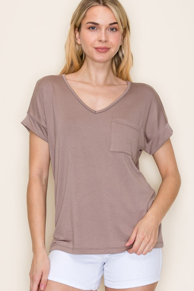 Light Taupe V-Neck Front Pocket Maternity Short Sleeve T-Shirt
