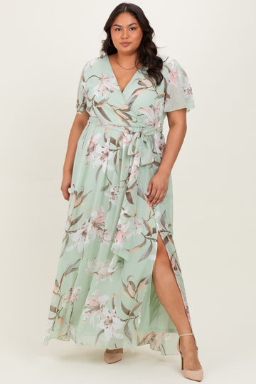 Light Olive Floral Chiffon Sash Tie Plus Maxi Dress